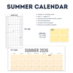 Summer 2026 calendar with details on size, start date, and features.