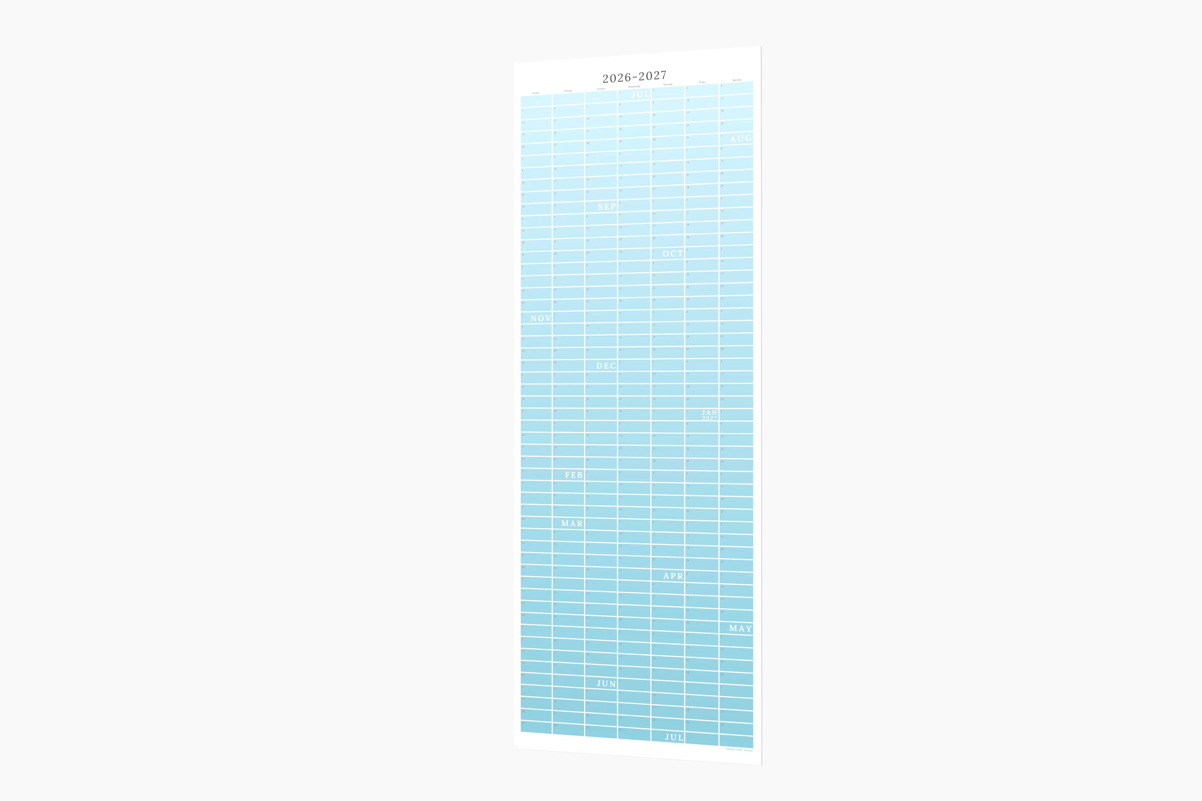cotton candy blue academic continuous calendar on a white background