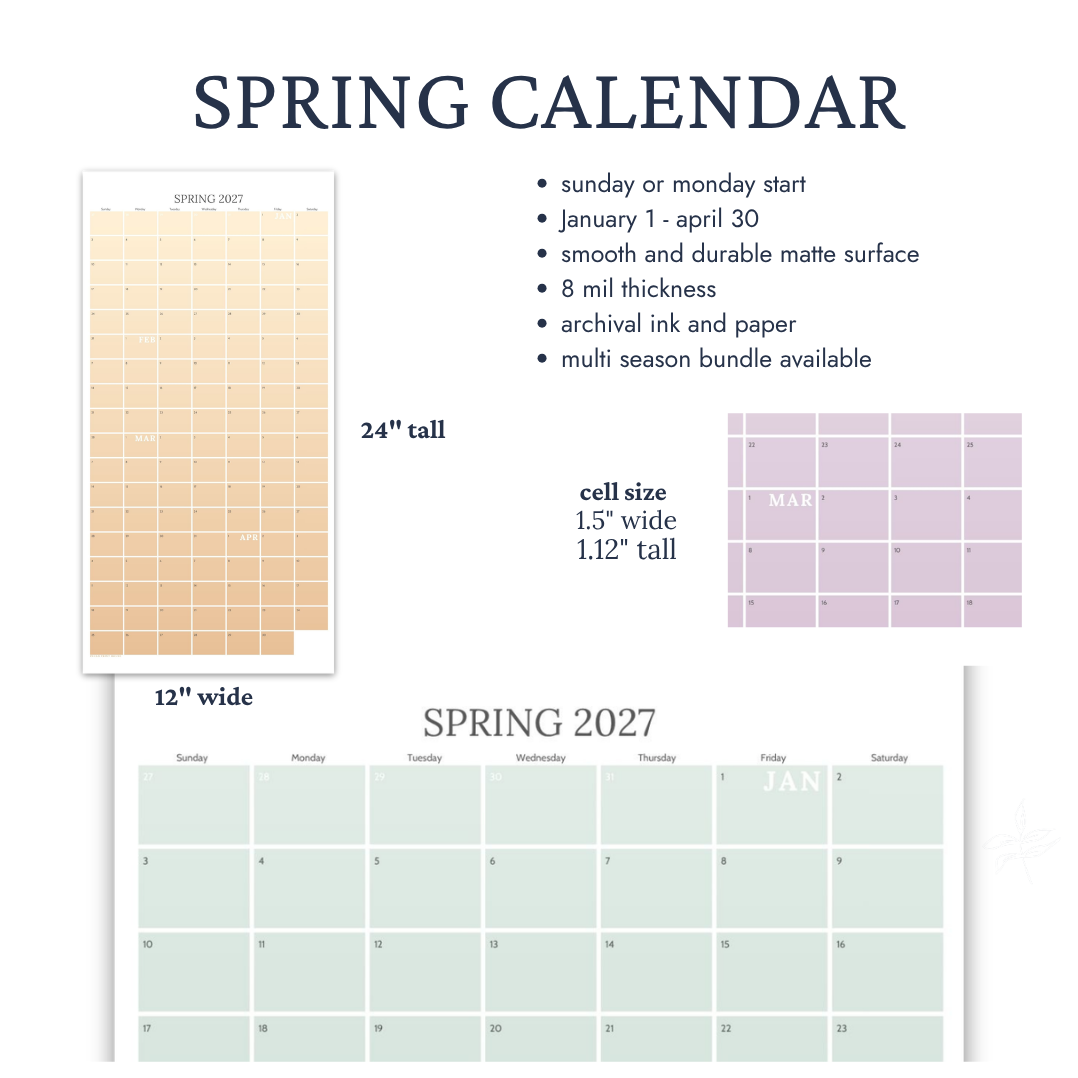 Spring Wall Calendar, January Through April